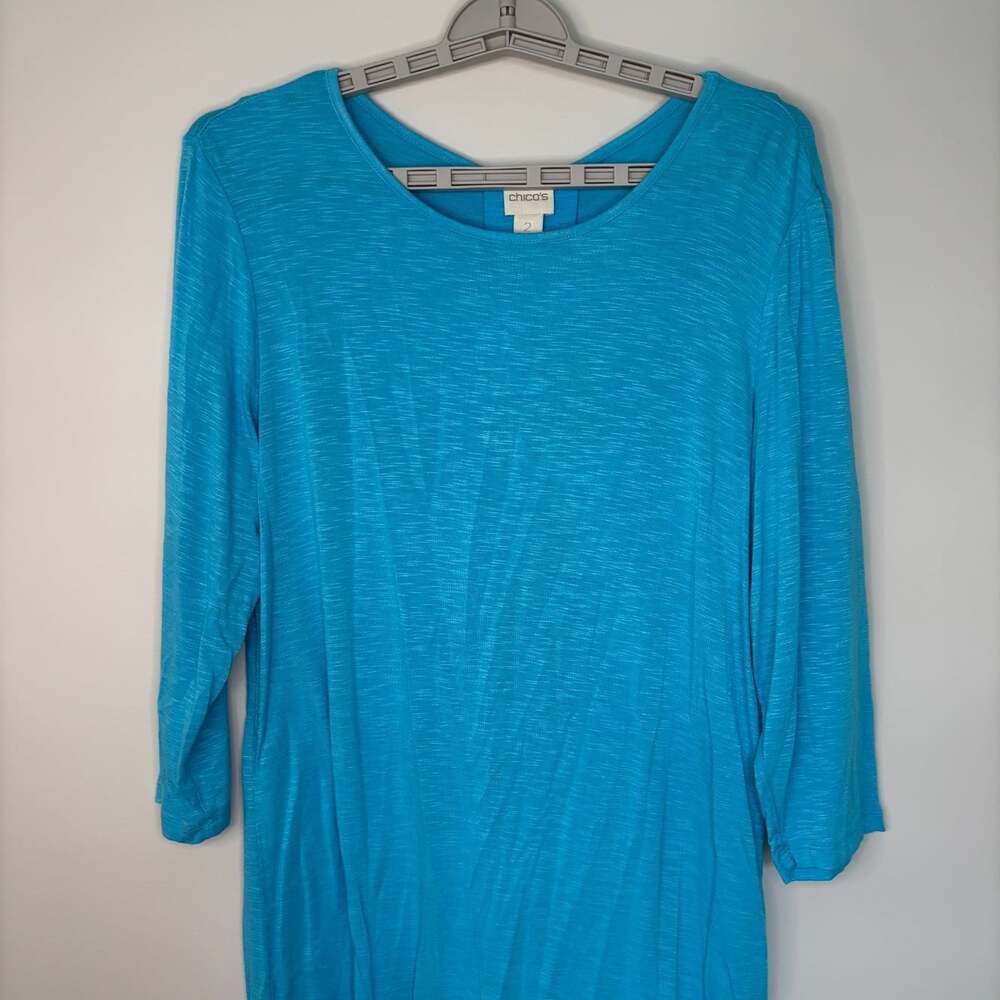 Chico's NEW lacing detail pleat back top womens L blue stretch 3/4 sleeve